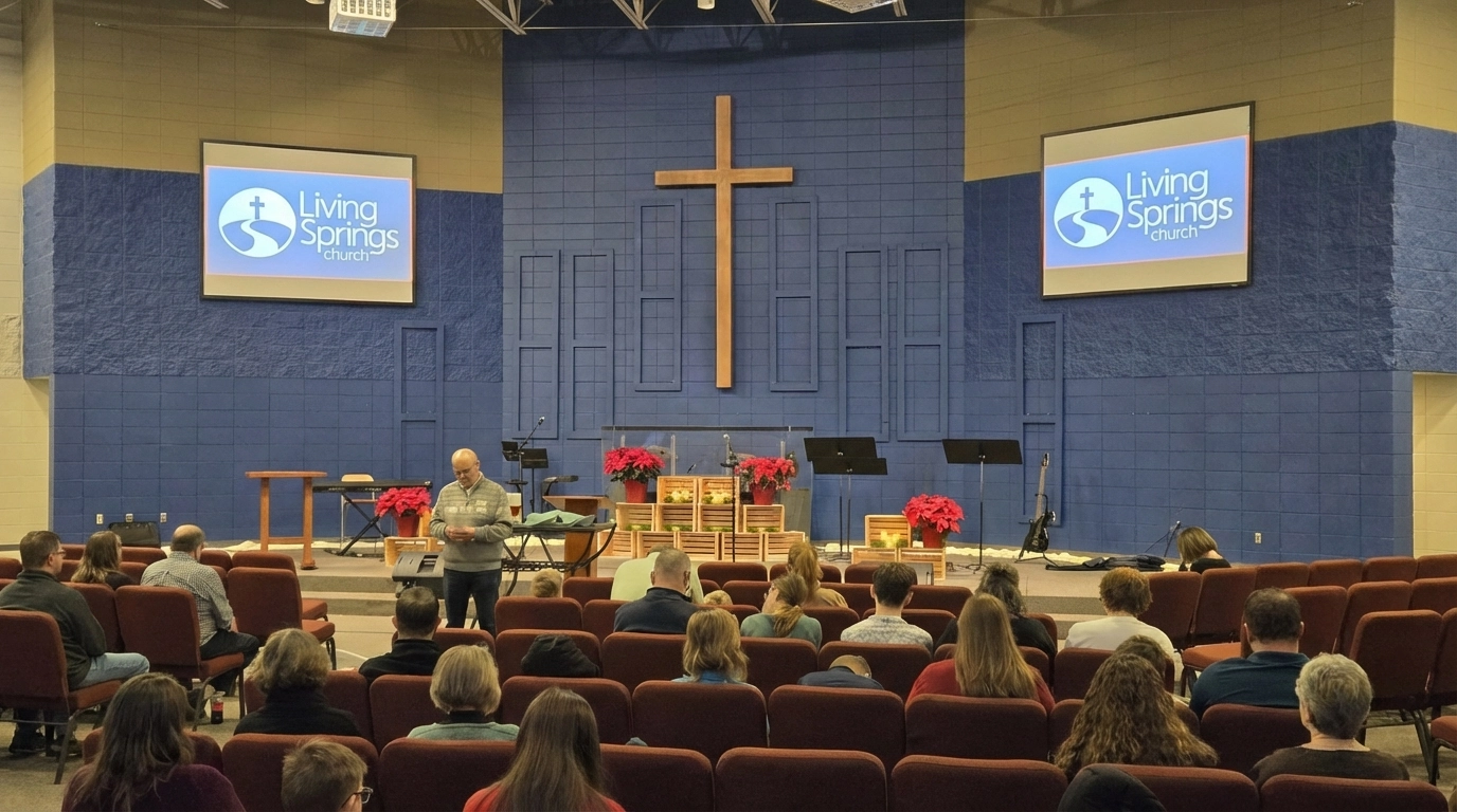 Sunday worship service at Living Springs Church in Brandon, South Dakota, with the congregation gathered in the sanctuary and the cross visible on stage.